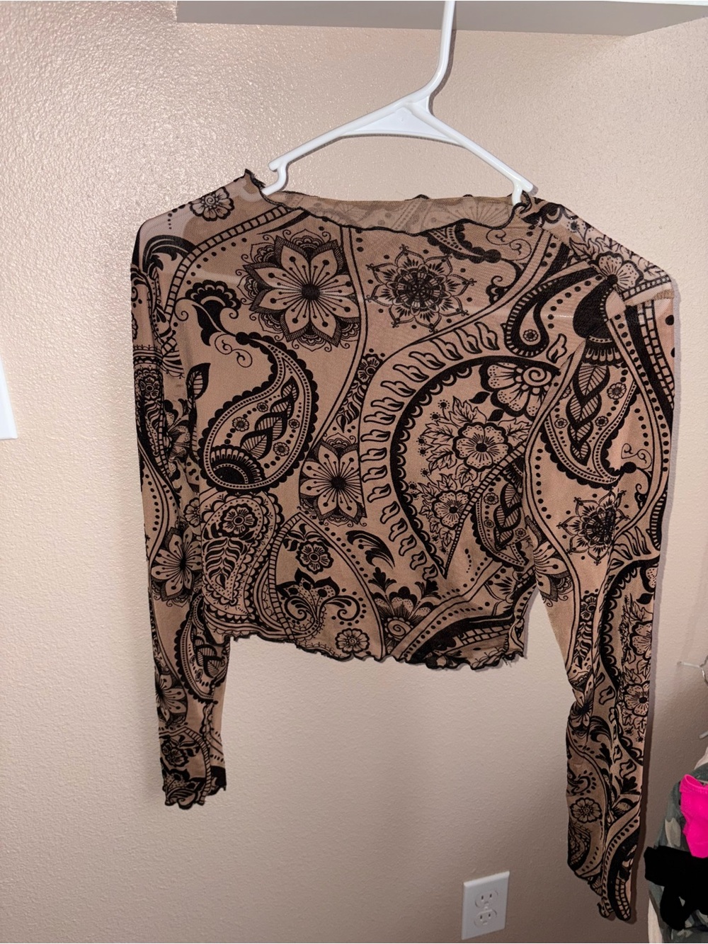 Beige and Black Paisley Mesh Long-Sleeve Cropped Top